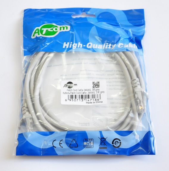 Патч-корд литой, UTP, RJ45, Cat.5e, 3m, ATcom серый