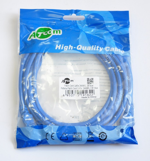 Патч-корд литой, UTP, RJ45, Cat.5e, 3m, Atcom синий